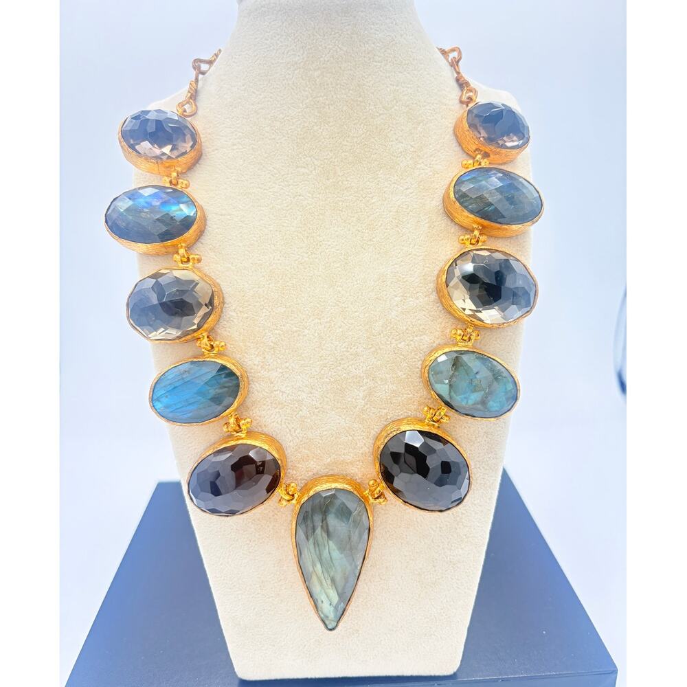 Artisan Faceted Labradorite & Smoky Quartz Necklace, Gold‑Tone Brass Statement